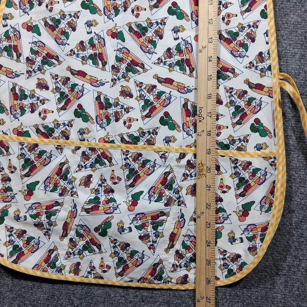 Vintage Food Pyramid Print Tabard Apron Yellow Gingham‎ Trim Smock Pockets Multi
